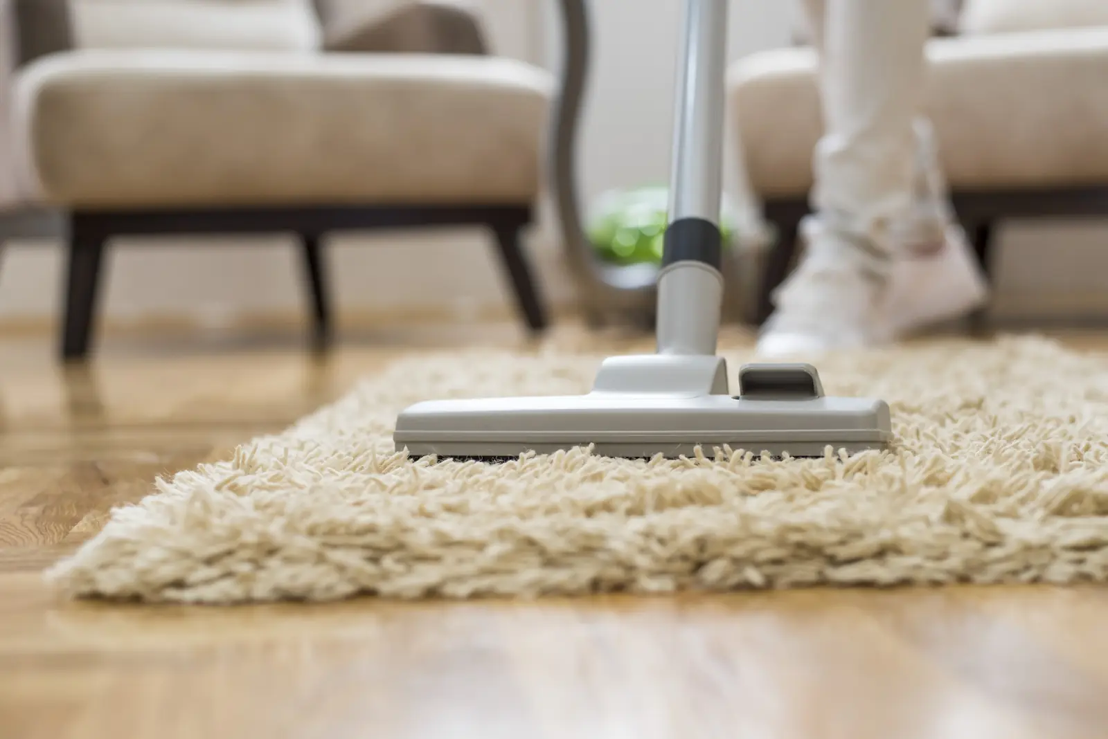 Vacuum cleaner on a soft rug in a living room